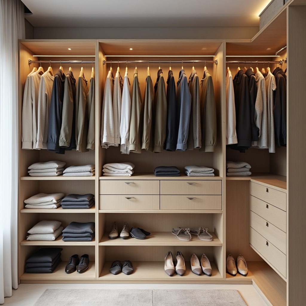 Organized master wardrobe with neatly folded clothes, categorized sections, and clear visibility of all items