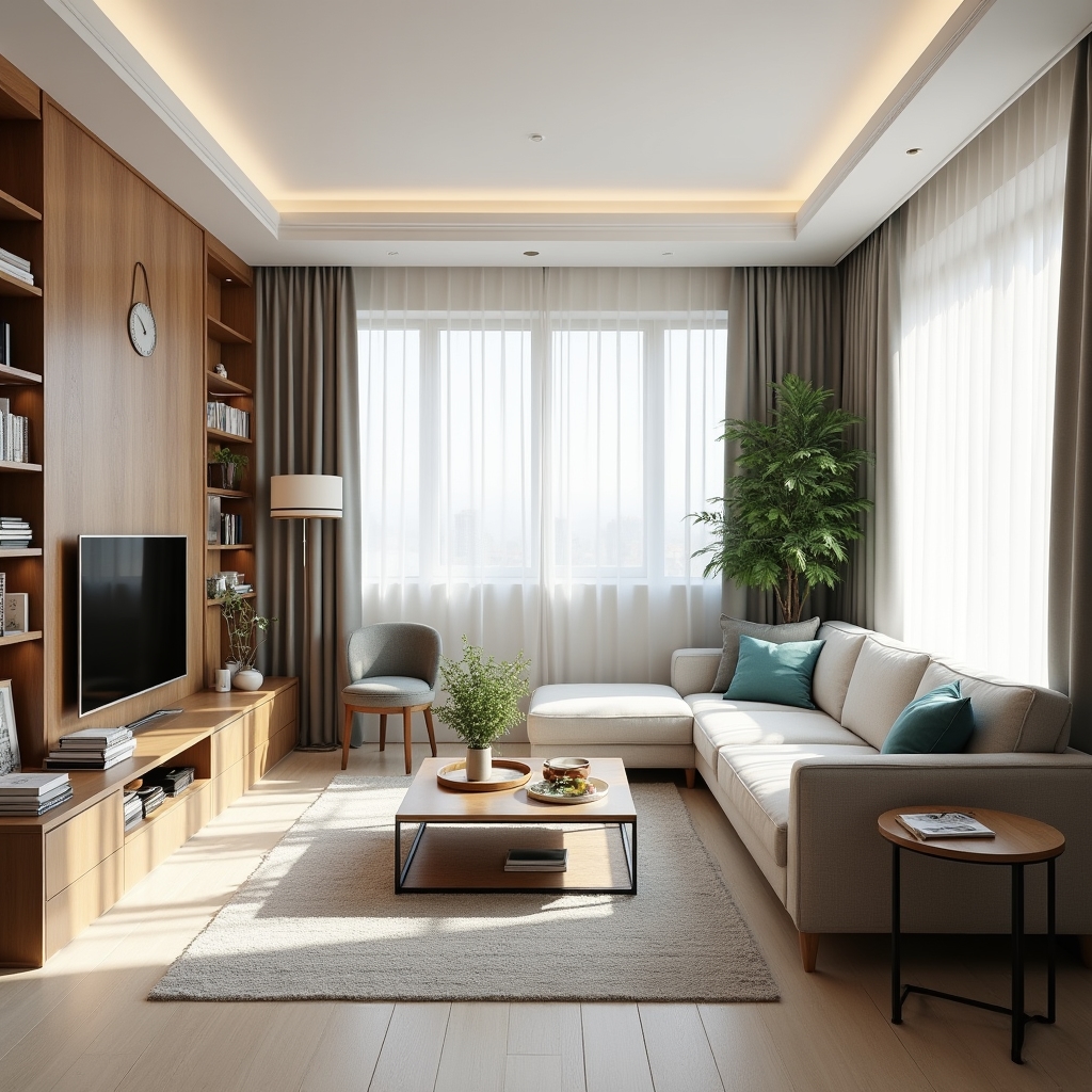 Organized living room with defined zones for sitting, work, and children's activities, clean surfaces and intentional arrangement