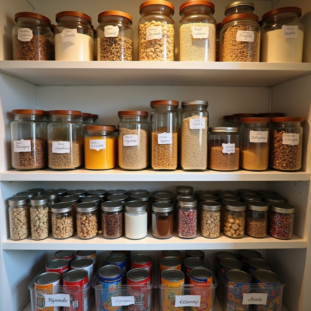 Well-organized pantry with labeled containers and categorized food items arranged by type and frequency of use